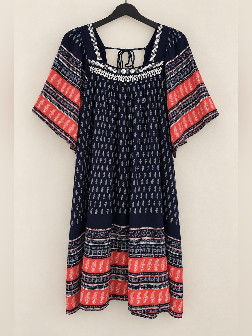 Umgee Navy Coral Boho Back Tie Mini Dress Border Print Boutique EUC S #1508